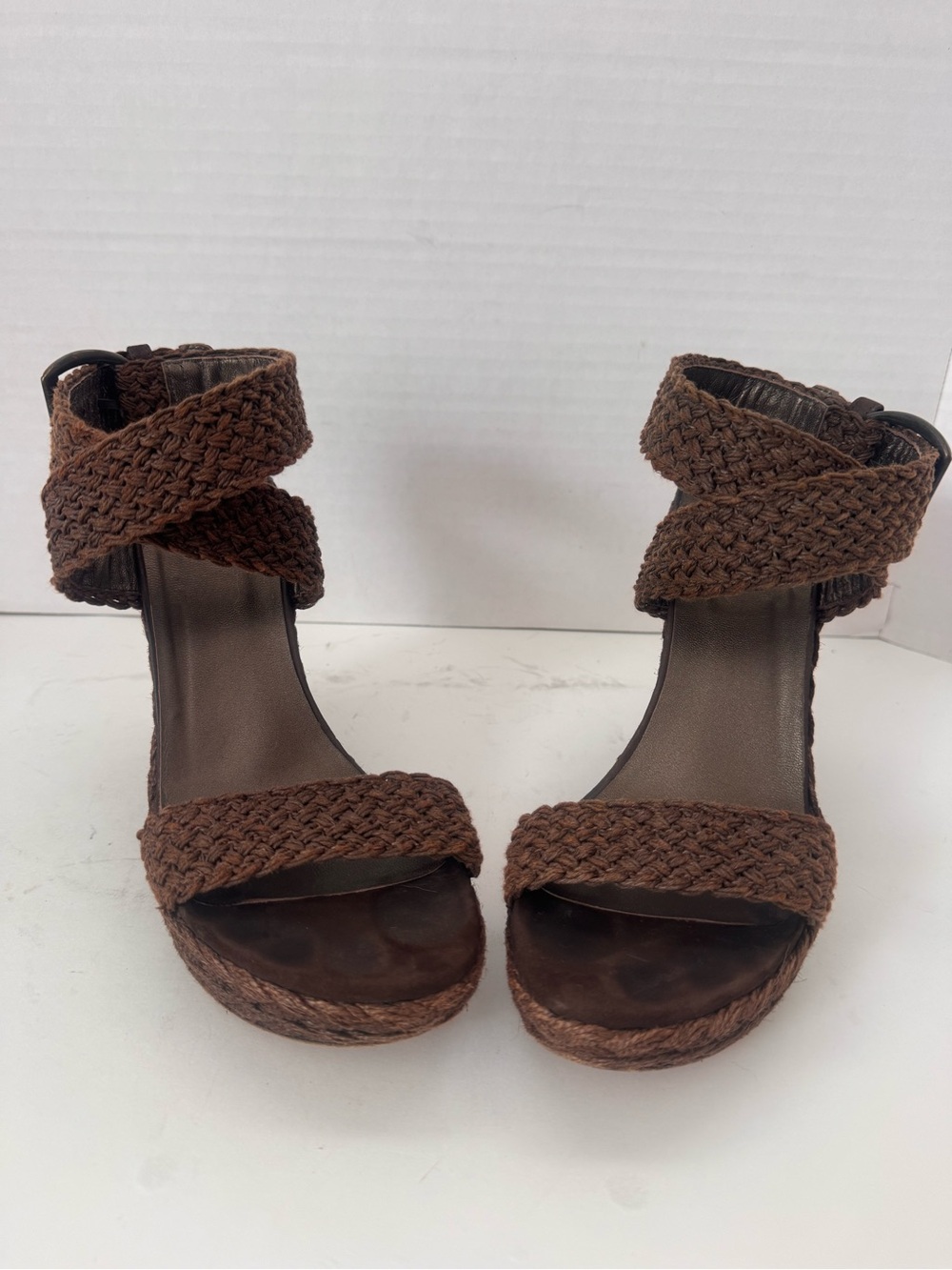 Stuart Weitzman Alex Chocolate Brown Crochet Wedge Espadrille Sandals Size 7